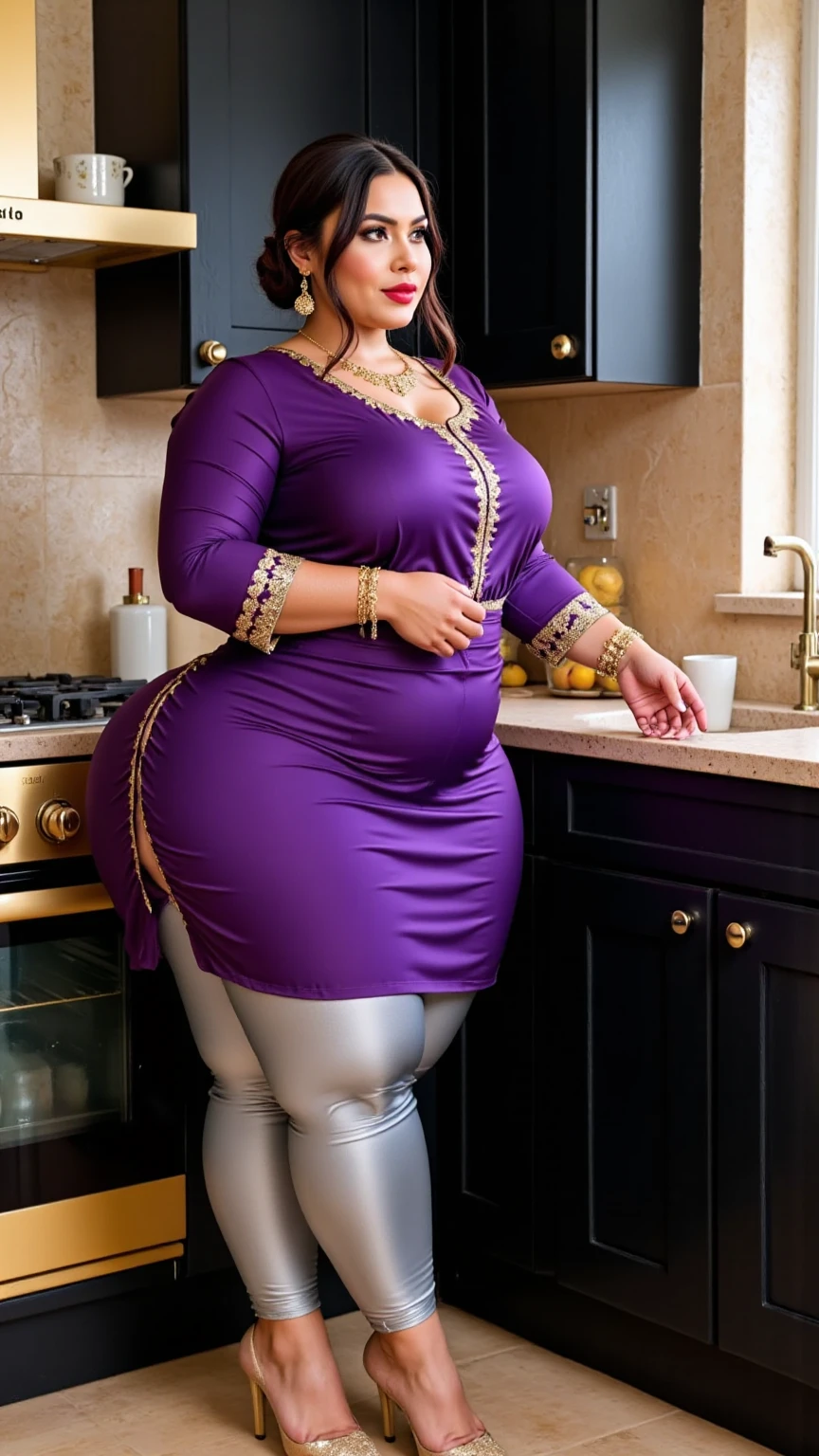 south Indian beautiful woman sexy curvy plus size model wearing different random color skin tight Bollywood Blush Banarasi Dress, eye contact camera view, different style standing position, curvy plus size big hour glass bulky huge figure, big m-cup bulky huge breasts, different style hairstyle, bright eyes, thin eyebrows, fair skin, blushing cheeks, prefect head to thigh close up view, Fashin show background and location, Dreamcatcher Delight Embroidery, ultra realistic skin texture, head to thigh close up view, smile face, shadow lighting effect, hijab