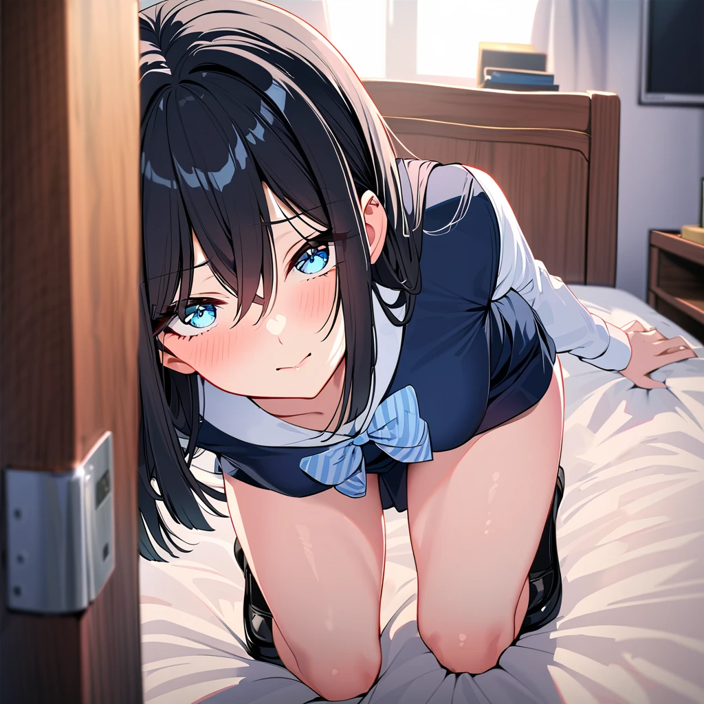 (high quality, 8k, 4K, High Contrast, masterpiece:1.2, 最high quality, Best aesthetics), 1 Female, (Real skin texture:1.3), (Film Grain:1.3), (Selfie angle, High angle), One girl, Beautiful and detailed eyes and face, 最high quality, close, cowboy shot blackshorthair , disposable mask black hair Blue inner hair Whiteshirt darkBlue skirt school White shirt choker (pussy juice squirting) on the hotel bed (cowgirl position)((Sexual intercourse))