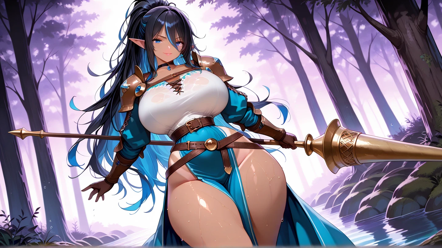 masterpiece, best quality, mature woman, elf, dark blue hair, 80's, smiling, medium breasts, exposed thighs, exposed navel, exposed arms, bikini, big shoulder pad, gloves, cinnamon height boots, can dynamic, in a stone dungeon, dark, nocturnal setting, fantasy, medieval, well detailed brightness.