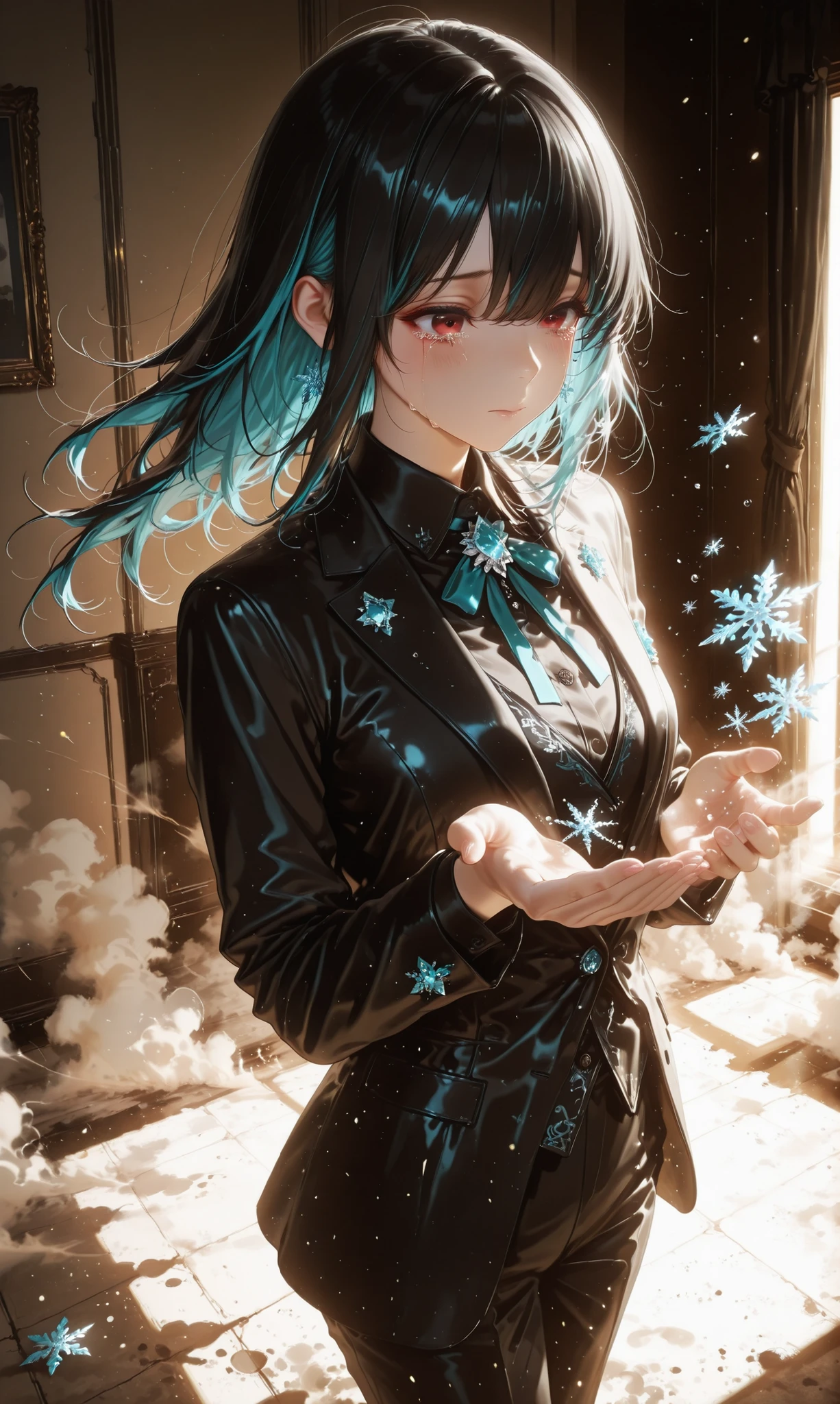 a beautiful and sad anime woman standing in a dimly lit room, wearing a black suit like mourning attire, with tears falling from her eyes in the form of delicate snowflakes, her long black hair with turquoise highlights gently flowing, red eyes filled with sorrow, soft warm indoor lighting casting shadows, melancholic atmosphere, dust floating in the air, emotional moment, cinematic lighting, ultra detailed, highly realistic, anime-style