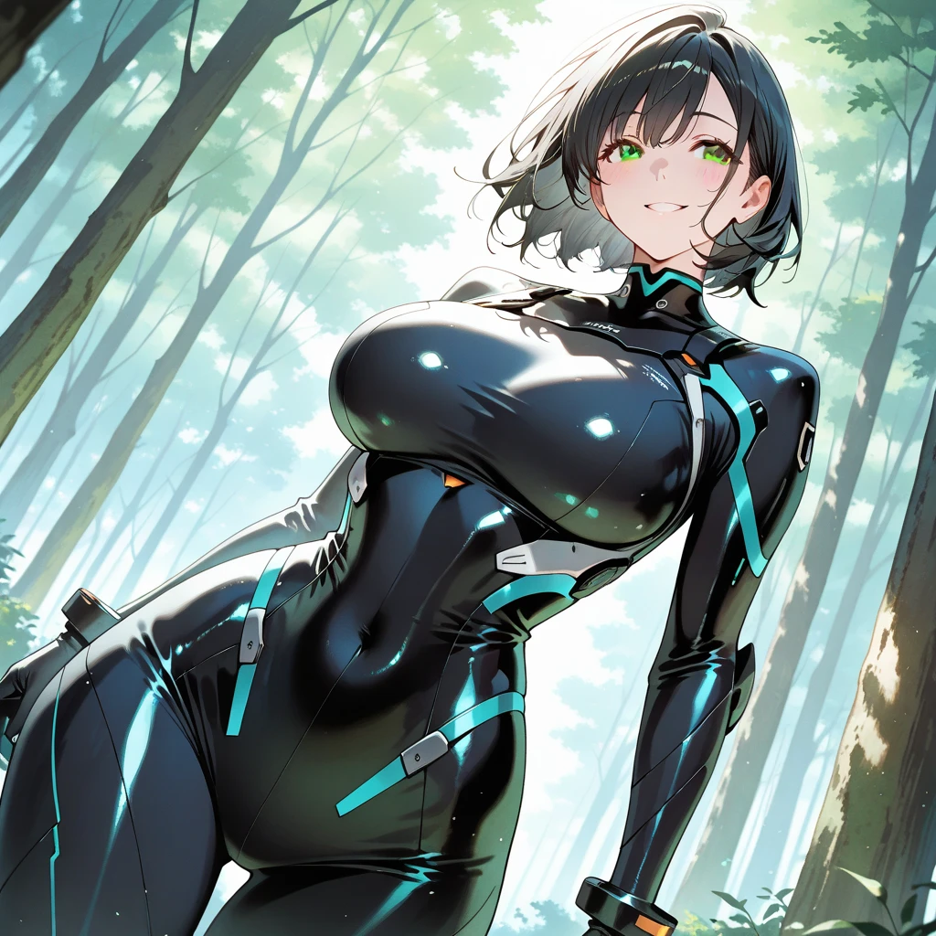 ((1 woman with transparent panties, white scientist coat)),((just a biomechanical brat)),((big breasts)),((in a forest)),((wet pussy, erect nipples)) ,((very large pubic hair)),((short black hair with a side ponytail, with very large bangs covering the face)),((one blue eye, one biomechanical red eye, with an evil smile)), ((standing facing the viewer, in a forest)),