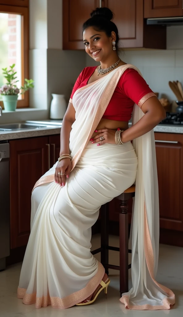 Indian chubby girl with red hair and fair complexion wearing a off-white saari bengali