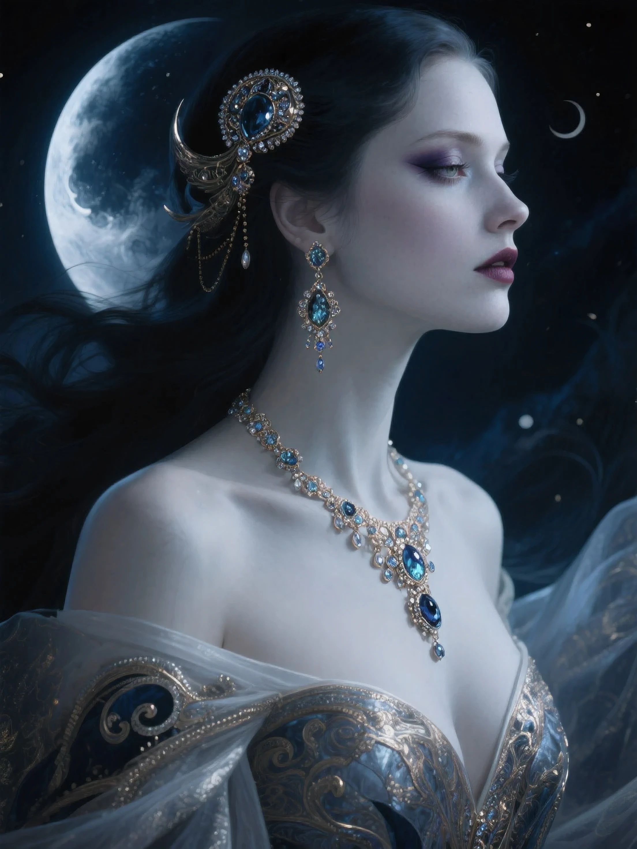 Rennala,short black hair,blue eyes, sad expression, large breasts, rear view, large ass, low angle, solo,
ReDres, jewelry, long crown,wide sleeves,
tall woman,
empty lake, moon close-up, nighttime ,stars,
(insanely detailed, beautiful detailed face, masterpiece, detailed eyes, best quality) realistic,