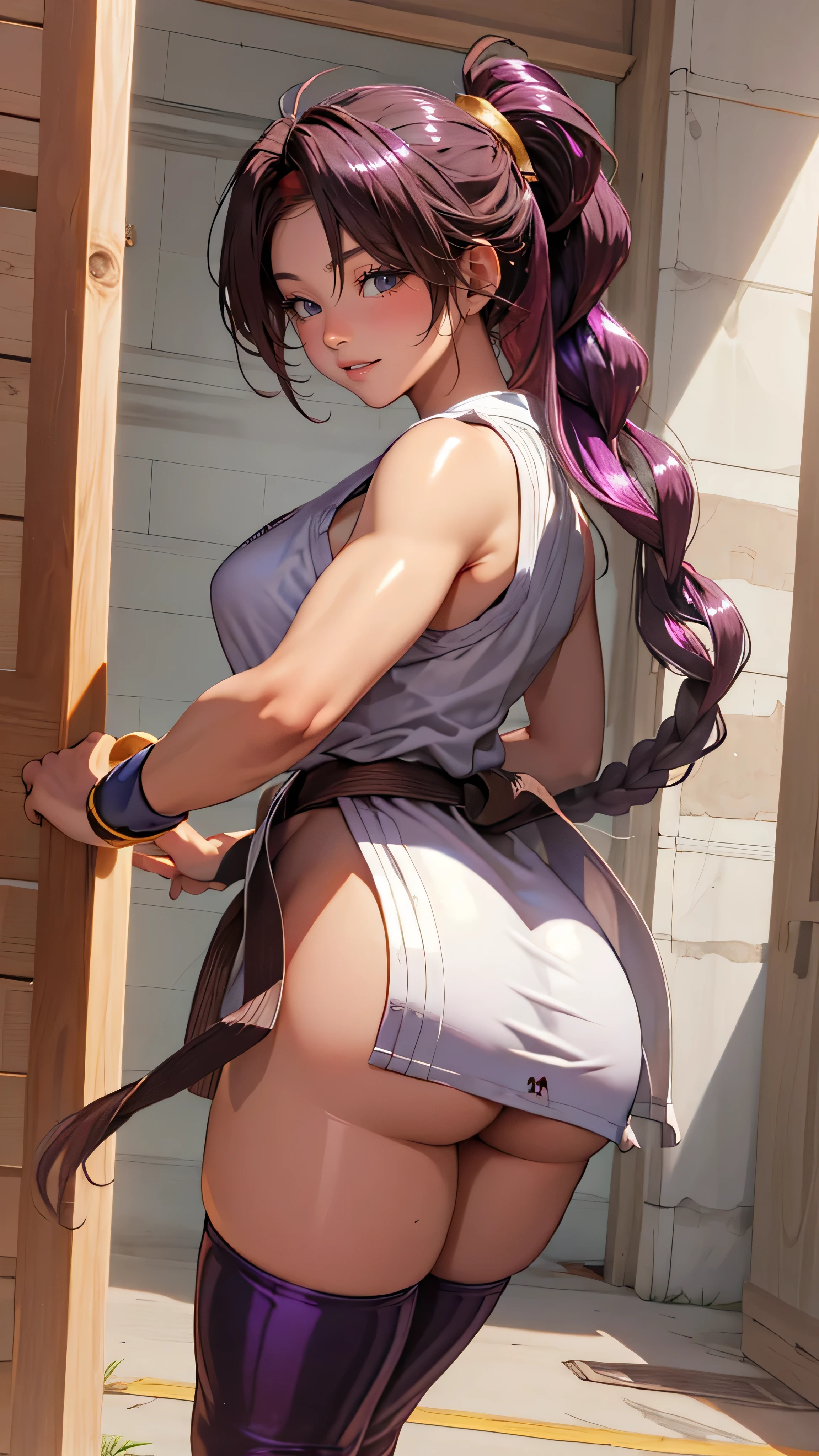 (masterpiece, Highest Quality, high definition , 8K Wallpaper, very detailed CG:1), high definition headband, ,purple thighhighsocs, Butt Under Pants,rear view、big butt、 sexy、(smirk:1.3)、 Big breasts ,(shiny skin:1.5),Karate, ah can be