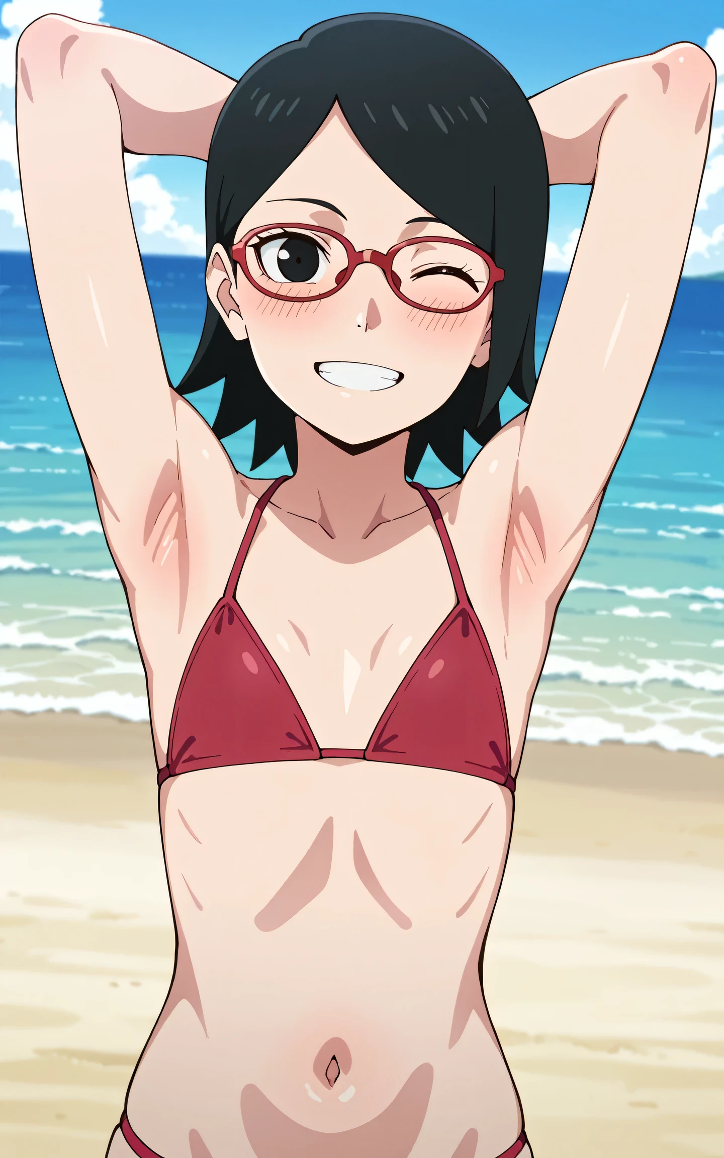 masterpiece, best quality, amazing quality, anime screencap, anime coloring, 1girl, solo, sarada, black eyes, black hair, short hair, glasses, red bikini, flat chest, bare shoulders, bare arms, arms behind head, armpits, armpits focus, head towards viewer, looking at viewer, direct eye contact, smile, blush, teeth, outdoors, day, beach, navel, (wink:1.2)