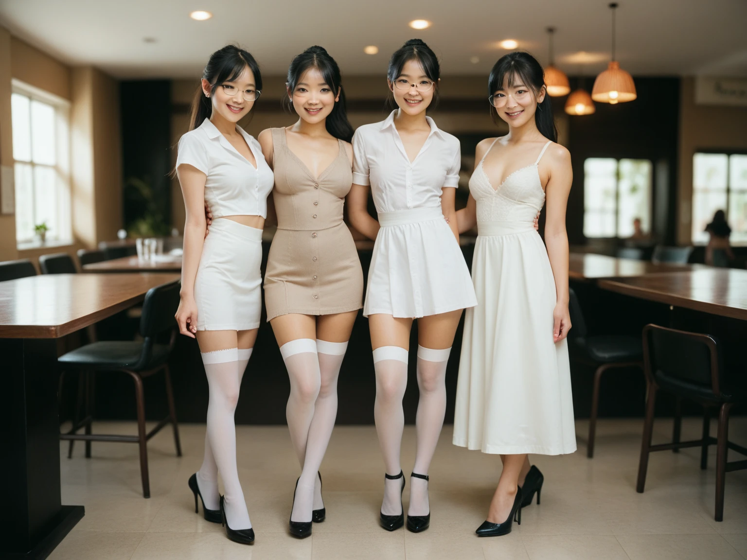 (A close-up photo of two beautiful Japanese office ladies), Everyone looking at the viewer, In a large office, (All smiling), Highest Resolution, masterpiece, (All wearing elegant formal white high-neck blouse, bow-tie and panties), All wearing earrings, (exposing thigh)