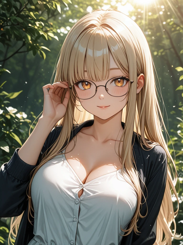 (Photoshopped Drawing:1) of (Illustration:1.6), (highres, best quality), masterpiece, 1girl, (symmetrical breasts), sunbeam, god rays, ambient lighting, glasses, nature, forest, medium breasts, gazing eye,,(Vivid Colors:0.25)