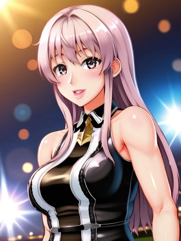 #Basic
A girl posing for a photo, (((One Girl))), (((:1.4)) + ((cute:1.4)) + ((15 years ak
#Clothing Accessories
(((Purple on black)Tribal-style dance costume with gold embellishments:1.6) + (See-through Harem Pants) + (Sheer black elbow gloves with gold embellishments) + (Black Wedding Veil) + (Glossy black high heels) + (Gold Tiara)),
((Gold Fancy Bracelet, Gold Hoop Earrings, Fancy Gold Necklace)), ((Black choker)),
break
#Features
((Silver Hair:1.2)) + ((Center-parted bangs + Bangs that expose the forehead)) + ((Long Hair : Long Hair + Curly hair + Curly Hair + Voluminous Hair)),
((Droopy eyes:1.4, Big eyes:1.2), blue eyes), (Small breasts:1.2), (中立的な顔のFeatures), (Tanned dark skin:1.4),
break
#background environment
((Dance stage illuminated by spotlights:1.4)),
#Facial Expression Pose
((Wicked Smile)), ((Showcasing dynamic and captivating dance moves)),
#composition
((Angle from the front:1.2, Cowboy Shot)),
break
#Body parts elements
(Slim figure),
(Symmetrical facial features),
(Detailed Hair, Beautiful Hair, Shiny Hair),
(double eyelid, Long eyelashes, Thin eyebrows:0.5, Thin eyebrows:0.5),
(Expression of fine eyes, Beautiful and delicate eyes, Sparkling eyes, Eye Reflexes, Glitter Eyeliner),
(Human Ear),
(Beautiful Nose, Thin Nose),
(Glossy Lips, Beautiful Lips, Thick lips),
(Detailed skin, Textured skin, Beautiful Skin, Oily skin),
break
#quality
(((最高quality)), ((masterpiece:1.3)), ((Very detailed))), ((Ultra-high resolution)), ((16K)), ((1080P)), ((Full HD)),
((Anatomically correct)), ((Realistic)), (3DCG), ((Oil painting)),
((comics, anime)), (CG illustration), (RAW Photos),