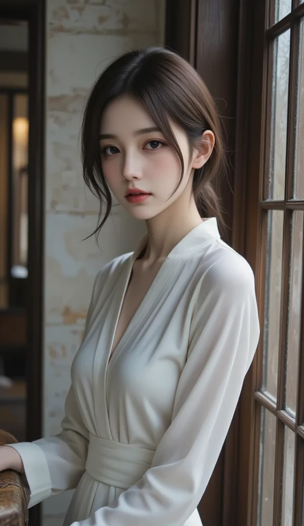 Highest quality、masterpiece、Ultra-high resolution、(Realism:1.4)、1 girl、In a pale background、Deep Shadow、Low Key、Shortcuts、Upper Body、sex appeal、Wearing a shirt