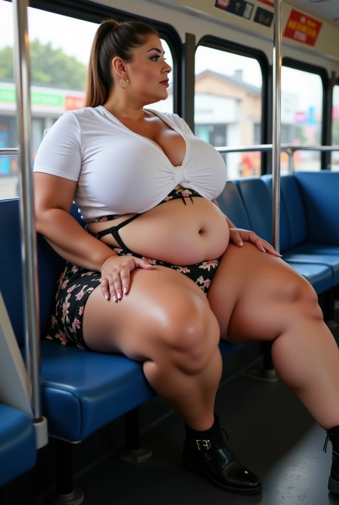 ((best quality)) beautiful 21 year old african woman, plump, fat, very big  . Wearing unbuttoned white shirt, open shirt, on busy train, busy commuter train. sitting on floor, legs wide open. Pubic hair, people stood near to woman looking, full frontal, sexy, plump vagina. Woman wearing red high heels. Wide shot 