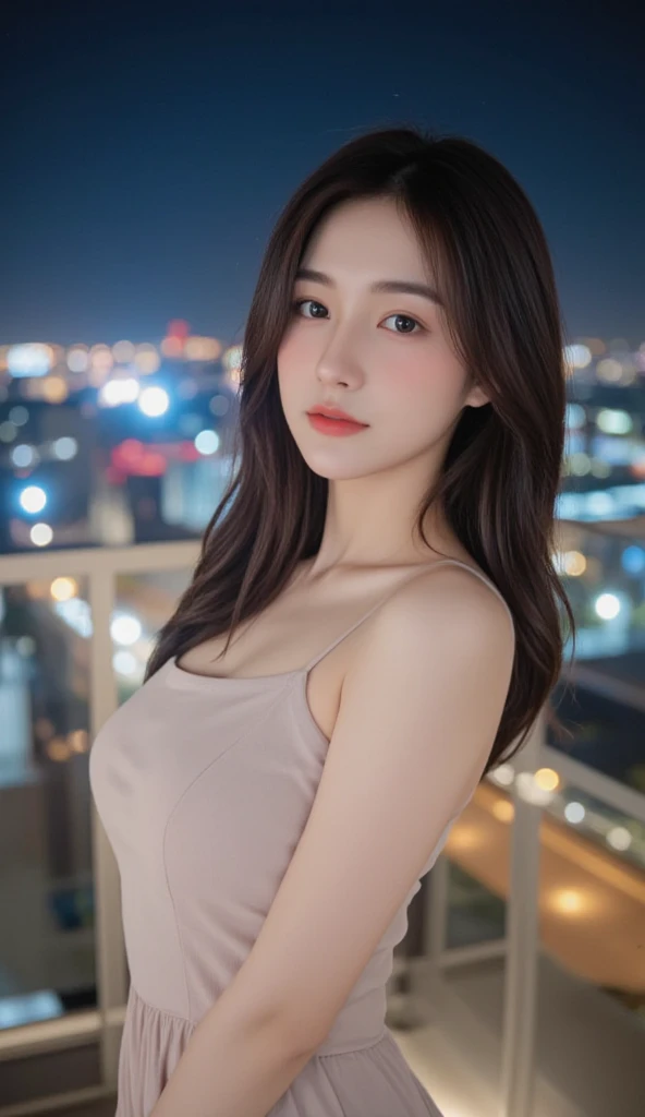 masterpiece, best quality, ultra realistic photograph, 16K, (HDR), high resolution, female_solo, ((quite a bit body, )), nice_cleavage, beautiful hourglass body, nice slender legs, looking at viewer, big eyes, ((the luxurious prettiest Korean girl in the world, Anne Hathaway mixed kim jiwon face, 24yo)), (smiling small eyed, random lower dresses), random stunning camera angle view, random perfectly camera lens, highly detailed background of random amazing stunning vibrant colorful city nightlife,