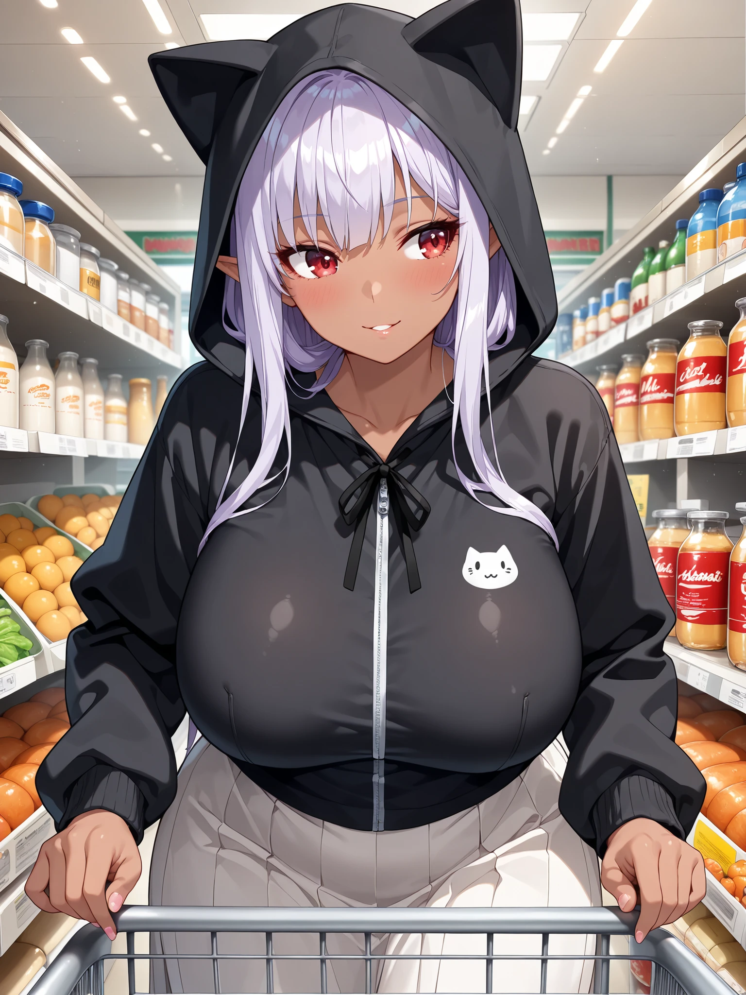 ((masterpiece:1.7, best quality)), ((masterpiece, best quality)),upper body,1girl,bishoujo,,horns under hood,light makeup,(((light purple hair:1.2))),straight hair,l,partial bangs,sidelocks,((dark skin)),shiny skin,elf,tsurime,red eyes,beautiful eyes,Long eyelashes,, (light pink thin lips),huge breast,curvy,plump,big hip,thick thighs,black cat ear hoodie long coat,hood up, long sleeves,(black ribbon),light pink fingernails,(flare long skirt),BREAK,(((supermarket))) ,bright room,White wall,clear sky,sanbeam,BREAK,(((from forward))),(((blush))),(((looking to under))),parted lips,happy smile,standing,(shopping cart),(holding milk pack)
