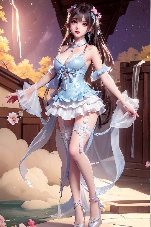 ((Best Quality, 8K, Masterpiece: 1.3)),1 girl, mature and charming woman, brown hair, brown eyes, blank background, feet,Horsetail,Evening dress, white mix blue pantyhose,