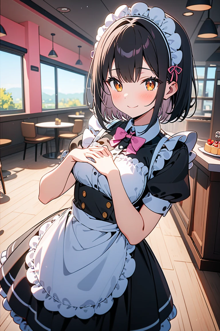 beautiful girl、Maid Cafe、Maid clothes、Upper body is shown、Dazzling smile、