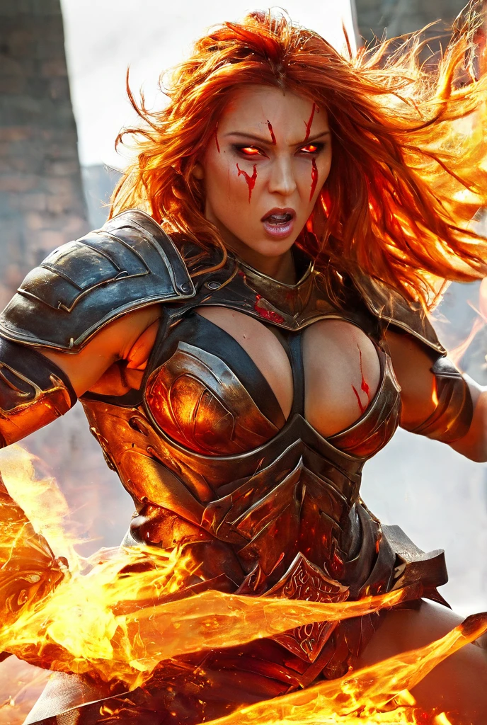 a realistic photo A fiercely determined, nude (without any clothing or underwear), red-haired female Korean warrior, her athletic form a testament to her barbarian heritage. She leaps from a precarious height, muscles coiled like a crimson comet, her eyes blazing with a warrior's ferocity. Only Her both hands and thigh covered up with armor, she handles a sword with the ease of an extension of her body. The weapon, a mighty blade with an intricate, serrated edge, is held aloft with both hands, poised to deliver a devastating blow. Her crimson tresses stream behind her, a stark contrast to the smoke-filled, chaotic battleground below, where the fiery embers of war dance and collide with the shadows of combat. Her armor, a blend of metal and leather, is adorned with the primitive symbols of her tribe, each piece a testament to battles won and foes vanquished. The scene is a whirlwind of frenzied action, with soldiers clashing in the fiery maelstrom, their screams and the clanging of steel lost in the cacophony of war. The warrior's expression is one of unbridled rage, her teeth bared and her full, firm breasts heaving with the effort of her leap, her vagina slightly visible. Her strong, bare arms are covered in intricate tribal tattoos that seem to pulse with the heat of the battle, and the flaming backdrop casts an ominous glow upon her battle-hardened body. As she descends, ready to slash, the air crackles with anticipation, the very essence of unbridled power and the unquenchable spirit of the barbarian., low-angle shot, vibrant color grading, bokeh, adventure