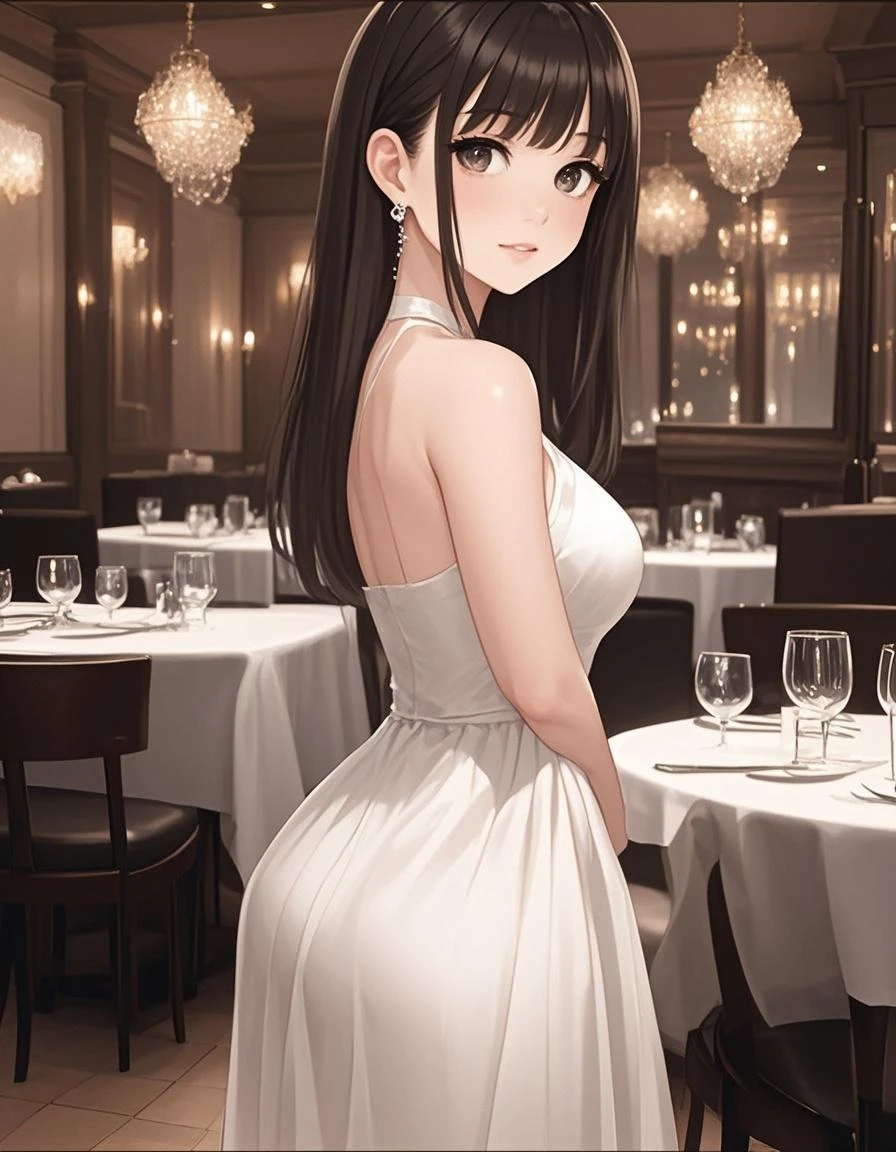 perfect eyes:1.2, detailed eyes:1.4, m0n1c4b-v2, long hair, hair pulled back, forehead, black hair, brown eyes, from behind, ass, looking back, restaurant, dr3ss, white dress, bare shoulders, latex, breasts, medium full shot, thigh-level shot, 1girl, solo, (masterpiece:1.6, best quality),
