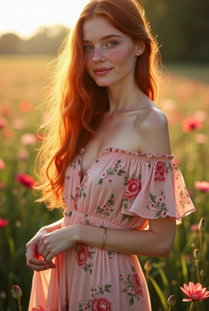 ultra realistic, photography, long red straight hair, 24 years old, hourglass figure, perfect fit body, natural medium breasts, (Best Quality,high resolution), a small black bow in her hair, vivid colors, wearing a short colourful summer dress, the dress is flowing in the wind, perfect round cleavage, Sharp focus, beautiful detailed eyes, beautiful detailed lips, White skin, Lovely makeup, soft and flowing hair, delicate features, elegant pose, gentle smile, background with flowers, garden landscape, soft sunlight, full body picture, she is barefoot, painted toes