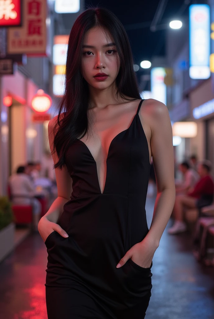 [[((young attractive Singaporean woman with strong Chinese Asian influence, a brown tanned complexion, long straight dark black hair, striking almond-shaped dark brown eyes, a  frame, and wearing a slim black fitting dress:1.6)). She is standing confidently on a busy city street at night, with neon lights and a bustling crowd in the background. The scene is captured with a ((full-frame DSLR:1.4)) using a ((50mm prime lens:1.4)) for a close-up, fashion-oriented perspective. Professional lighting enhances her natural features and the stylish dress. The image should be in ((8K resolution:1.5)) with ((hyper-realistic detail:1.6)). The focus is on her stylish black dress, her confident pose, and the vibrant night cityscape, creating a cinematic, fashionable effect.]]