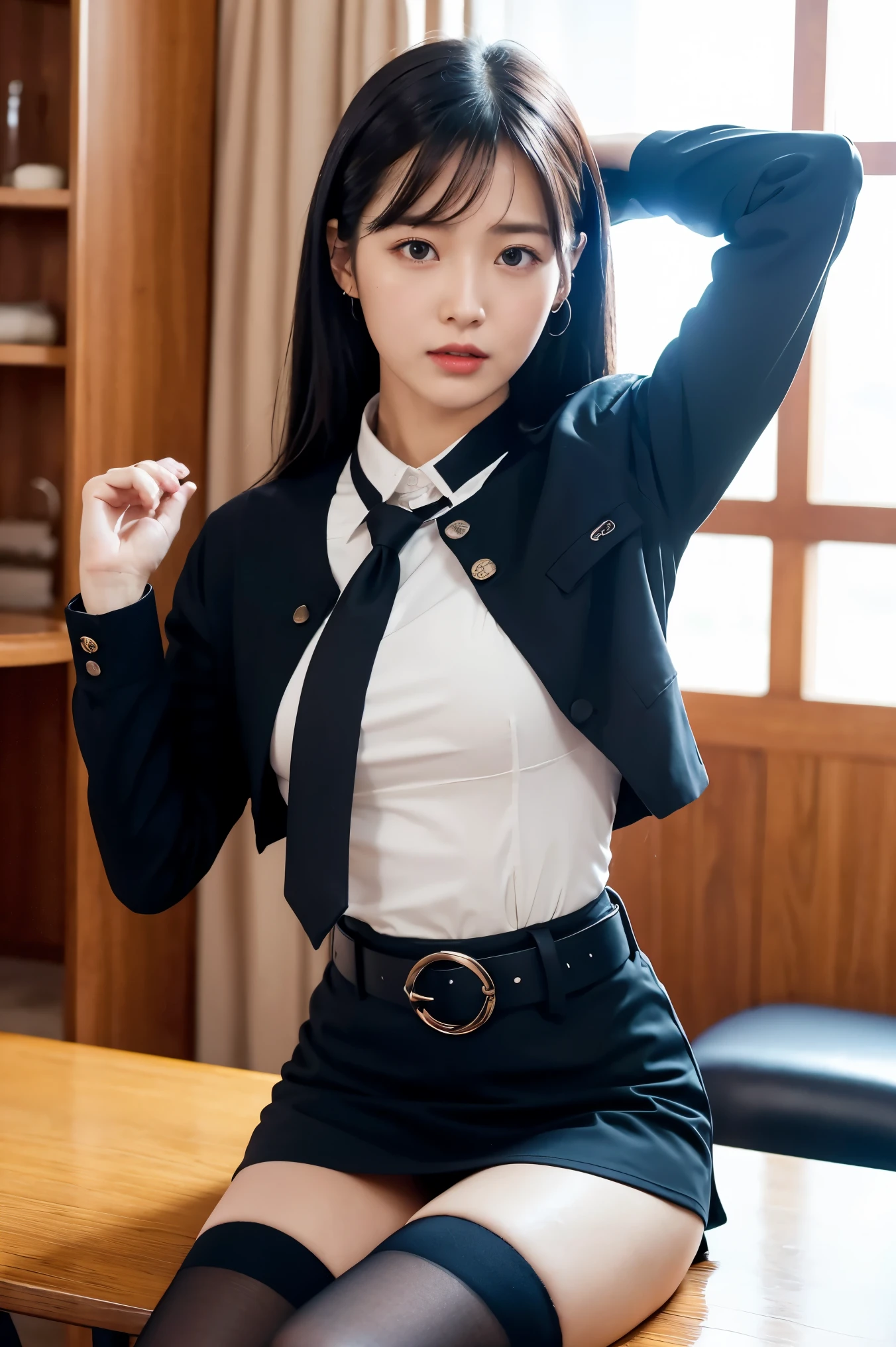 Shiny tight skirt、raise arms、Show armpits、Turn up your skirt、Long body、A slender、Inside the city、adult  woman、adult lady、skin-tight、from the rear