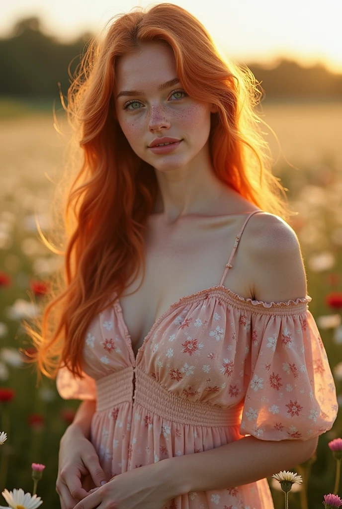 120-year-old redhead (hyperrealistic) girl (masterpiece), straight hair with bangs, silky skin, medium breasts (firm), (photorealistic), hot, red-haired girl, perfect goddess, wearing a very short pink dress (highlight on breasts) is sitting standing on m grass with the wind blowing slightly raised her dress and hair, while smiling at the camera