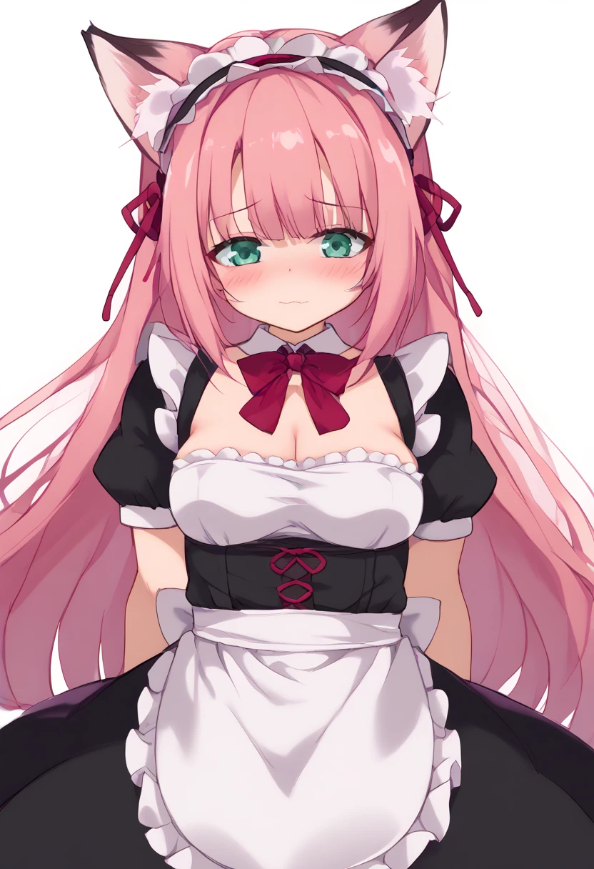 pink hair, white hair, big, light pink eyes, white skin, pixel character, very large breasts, Black Maid outfit , Flat character