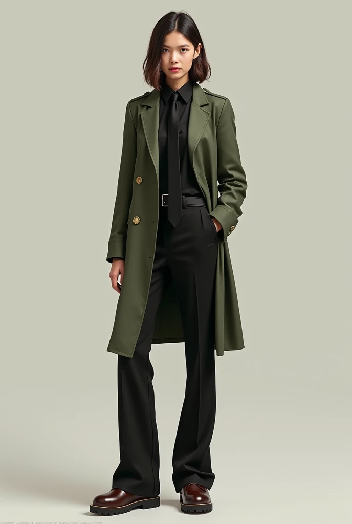 HOMBRE de cuerpo completo con ropa de calle (urbano) que se inspire principalmente en la inteligencia artificial. El hombre lleva unos pantalones anchos con texturas rugosas en los costados, A long winter sack in asymmetrical green with transparencies, creando un conjunto singular." En la imagen, se puede ver a un hombre de pie en medio de un paisaje urbano futurista. Sus pantalones anchos tienen una textura rugosa que le da un aspecto vanguardista. They are designed in an elegant but also functional way, with subtle details that suggest the influence of artificial intelligence in its creation. El saco largo de invierno, de un deslumbrante verde, se destaca como la pieza central de su atuendo. Its asymmetrical design and strategically located transparencies along the sack give it a futuristic and technological look. Las transparencias revelan una capa interior de tela plateada que brilla con una luz suave, grabando a la luz de las pantallas de computadora. El hombre lleva accesorios minimalistas, such as metal-rimmed sunglasses and a sleekly designed smartwatch. Her hair is precisely styled and her look reflects confidence and sophistication. En su conjunto, This man embodies the fusion between contemporary fashion and the influence of artificial intelligence in clothing design. Her outfit shows a unique combination of textures, colores y transparencias que lo hace destacar en medio de la modernidad de la ciudad del futuro.