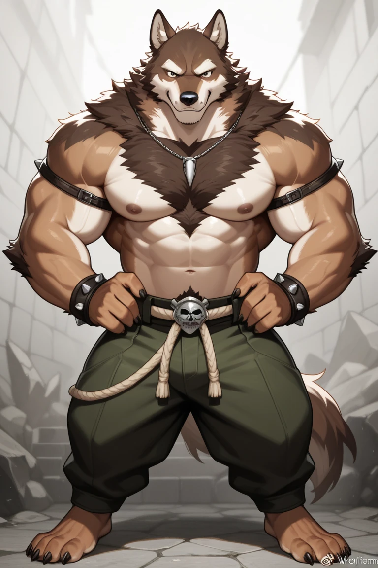 close up, furry, anthro, giant werewolf,wolf ears,wolf tail, dark grey and white fur, messy fur, neck floof, yellow glowing eyes, razor sharp teeth, muscular body, handsome, monstrous, tall, holding leash connected to dog collar, alone, wearing a red dog collar with dog leash, dog muzzle, tight black boxer shorts with giant bulge, body covered in scars, pawpads, black pawpads, best quality, 4K, UHD, masterpiece, black background,