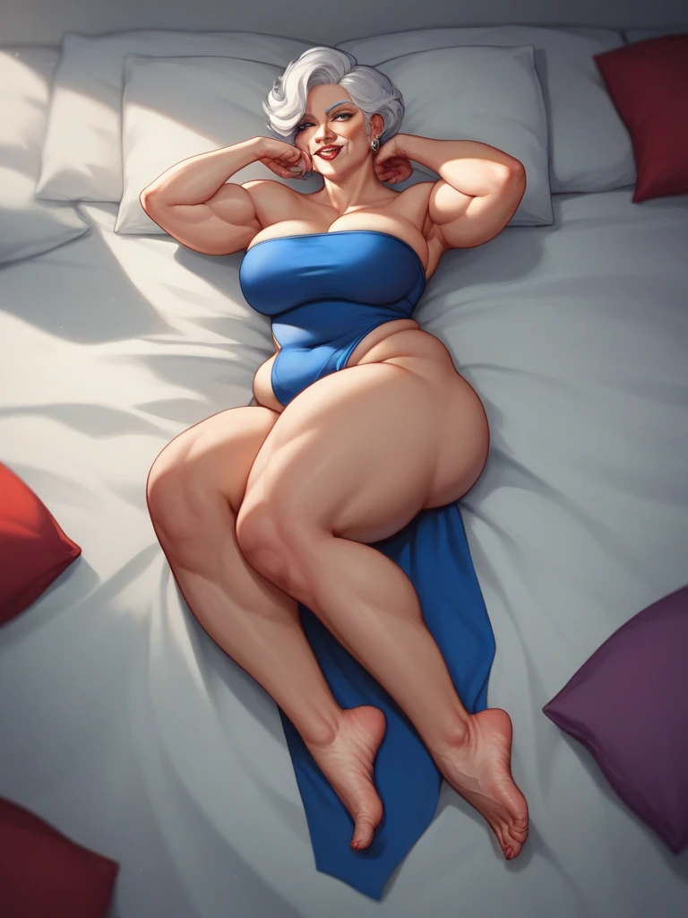 women with grey hair in a maid costume (bra), in a bedroom, big , (skindentation:1.4), cleavage, breast bursting out of thighs bra, shiny skin, blue sky eyes, ahegao face, (sideways:1.4)