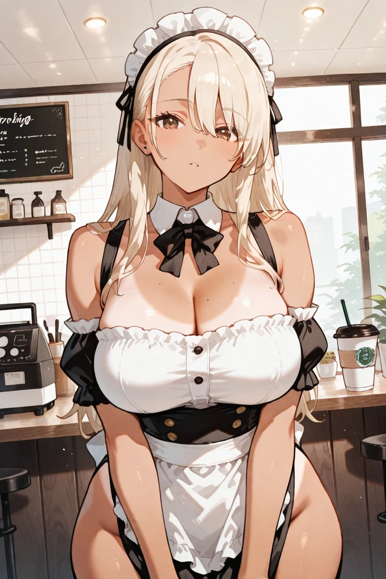 (masterpiece, best quality:1.2), 1girl, solo,dark skin,sweating skin,maid(Nude Apron:1.7),coffee shop,open pose:1.7