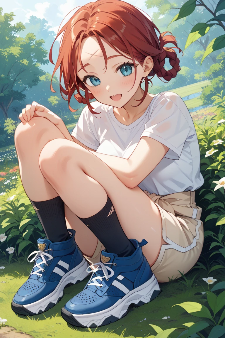 BREAK Perfect Anatomy、(High resolution:1.2)、Incredible illustrations、(Cute illustrations:1.2)、 ()(hip focus,) (Beautiful background(bushes in the park)) 1girl((brown hair,asymmetric bangs, tanned skin: 1.4,blue eyes,fang)1girl((a girl,slender 1.3meters, 25kg, (( T-shirt, hot pants,thigh-high socks, sandals),clothes lift shirt,(half undres hot pants)))(heavy breathing:1.3 ,vulgarity ,pussy juice:1.2),Kneeling