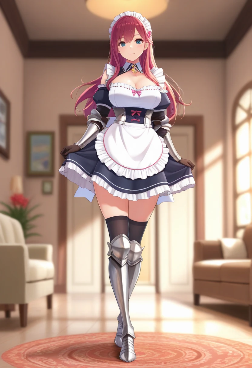 realistic, 1 girl, Pink hair, very long hair, put on a veil, straight hair, Blunt bangs, (beautiful eyes), blush, ((((white transparent maid dress, fully dressed)))), ((big breasts)), maid headband, White Hand Gloves, high heels, tape, night, in the room, I&#39;m looking at the viewer, pomade, closed mouth, bare foot, SFV, very big breasts, [big belly], covered belly, thick девушка, standing, thick, thick девушка, Close-up of dark blue wood grained face with gold streaks, in the style of photography, in the style of cinematic :: wood grained face, blue ::--v 6.0 --style raw --ar 5:7 --s 130