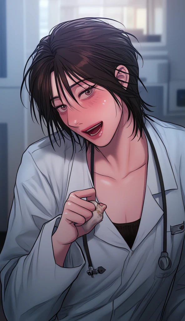 <lora:muksal3.0:0.7>,muksal,male focus,black hair,shirt,looking at viewer,tiles,1boy,on back,lying,pov,parted lips,yellow eyes,short hair,upper body,hand on another's chest,labcoat,solo focus,on floor,out of frame,looking at viewer,mouth hold,, score_9,score_8_up,score_7_up,source_anime,