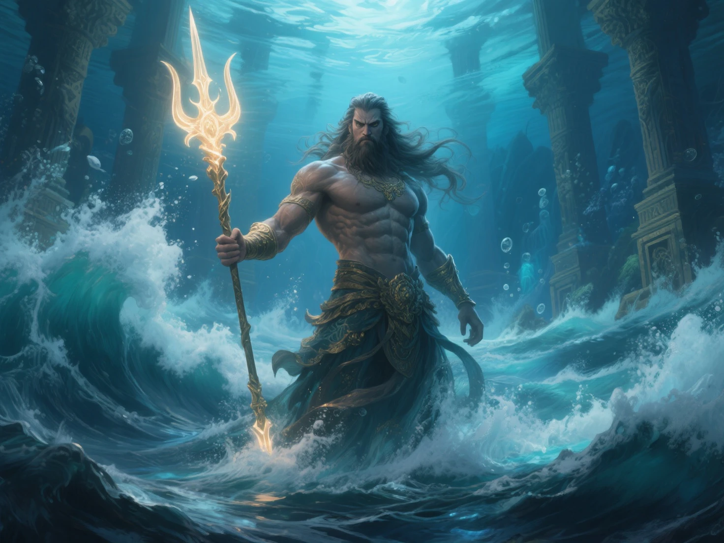 a magnificent and imposing vision of Poseidon, gigantic, taming the waves of a sea in the middle of a storm, half-open sky, with some rays of sunlight passing through the clouds, rough sea, waves in motion and Poseidon in the middle controlling the sea, god of the seas in greek mythology, greek mythology, history of greece, fabulous vision, awe-inspiring, fantastic realism, intricate details, best picture, realism, high definition, masterpiece.