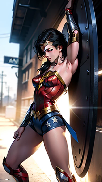Natural Beauty, Masterpiece, Hailee Steinfeld, Perfectly Accurate Face Proportion, Thick Eyebrows, Wonder Woman, Big Breast, Curve Wide Hips, Toned Thighs, Toned Arms, on a rooftop looking over the night city, Super Hero Pose, Grin On Her Face, Realistic Art Style