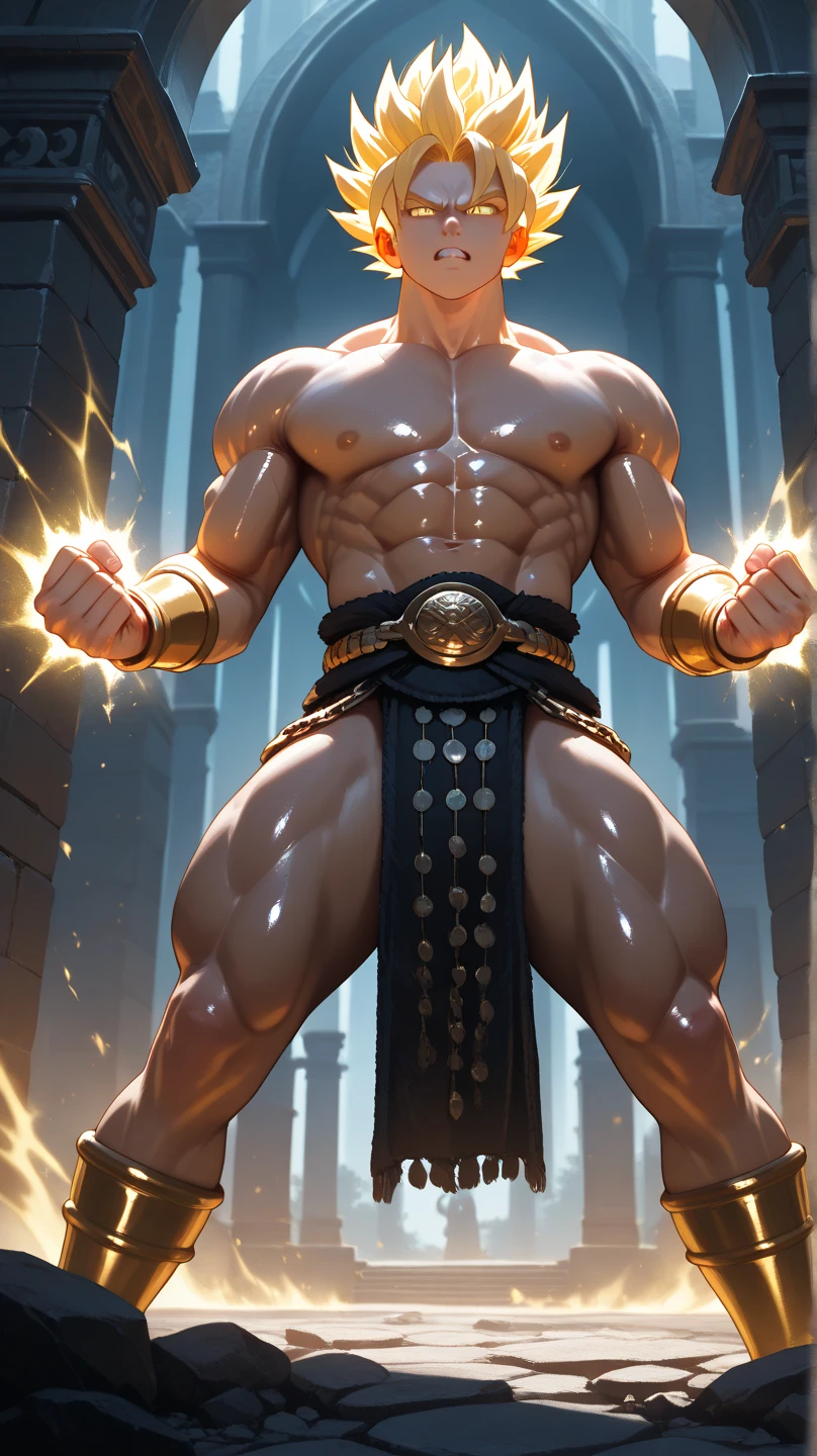 muscular man wearing beautiful golden amulet with chains, man with golden hoopoe wearing nothing with bulge, futa contour, details in the bulge, manly man, handsome man floating with golden particles, all made of gold with emerald faceted in the middle
