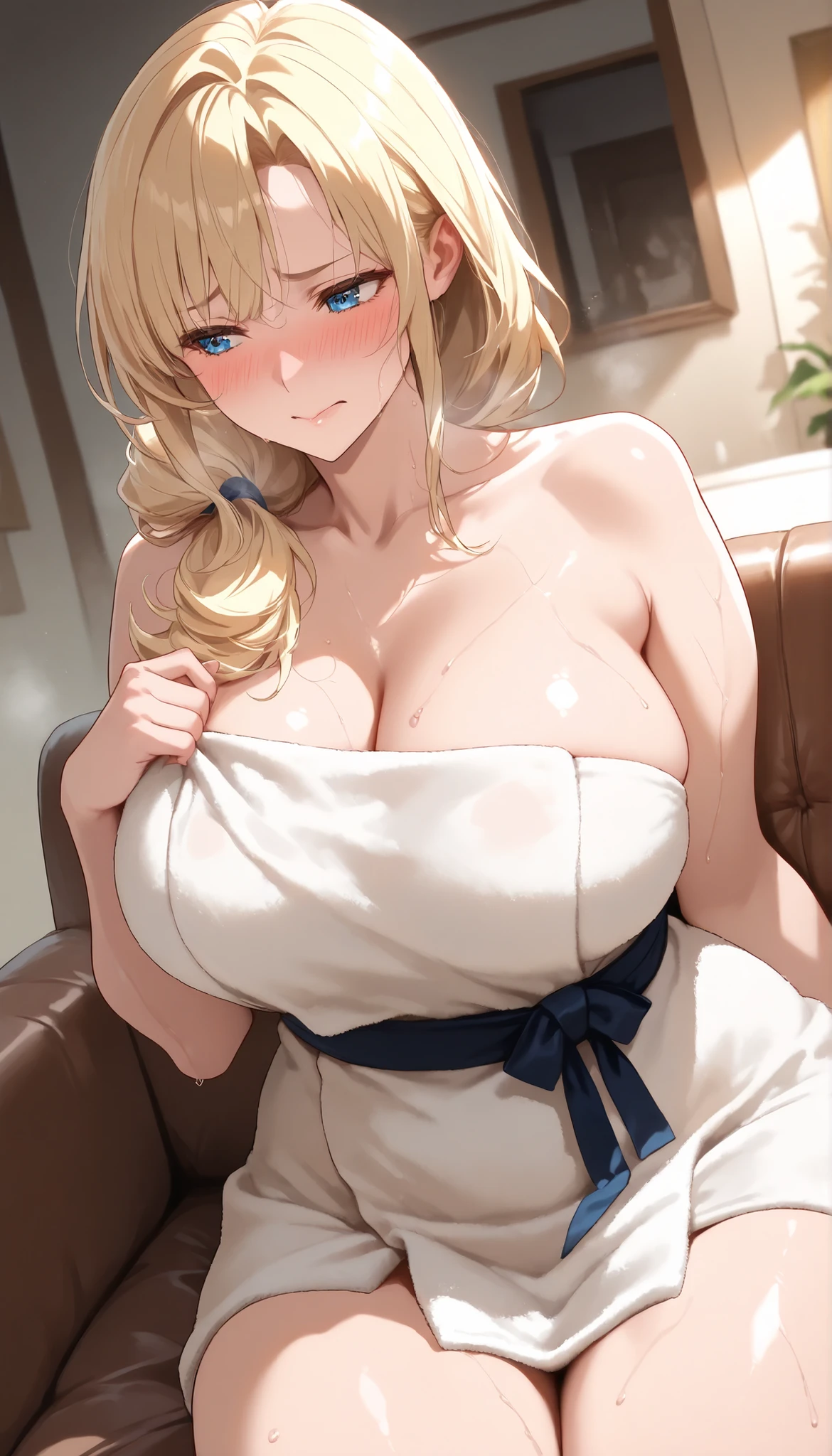 hourglass figure, gigantic breasts, saggy breasts,, messy braids, freckles, mature face, blonde, 70 year old, bedroom, night gown
