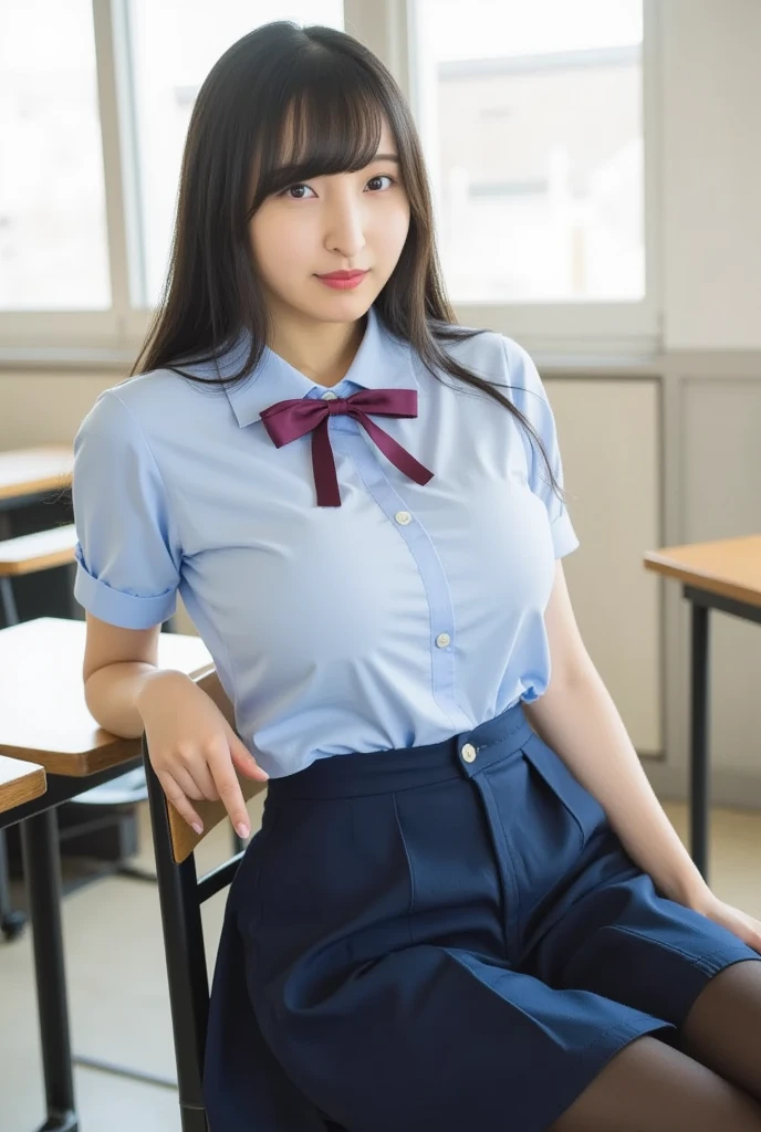 Japan girl, 20-year-old girl, wavy little long hair, black hair, brown eyes, perfect figure, transparency, luster, luster, modest breasts, thin waist, school uniform, navy blue tie, navy blue skirt, light blue shirt, pink underwear, gravure idol, classroom chair, sitting, hands on the crotch, skirt flipping, pink panties, hands forward, squatting, smiling happily,