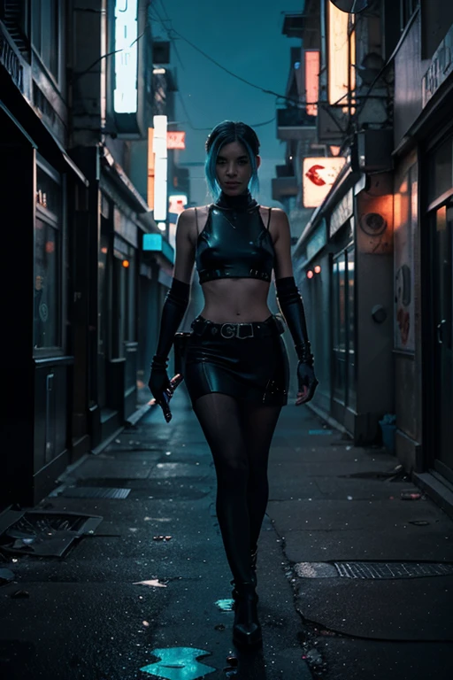 full body pose of a woman holding a gun in each hand, walking down the streets of a cyberpunk city, higl heel boots, water puddles on the street, beautiful detailed eyes, beautiful detailed lips, extremely detailed eyes and face, long eyelashes, intense expression, dynamic pose, military outfit, post-apocalyptic environment, abandoned city, dramatic lighting, cinematic composition, highly detailed, photorealistic, 8k, best quality, masterpiece