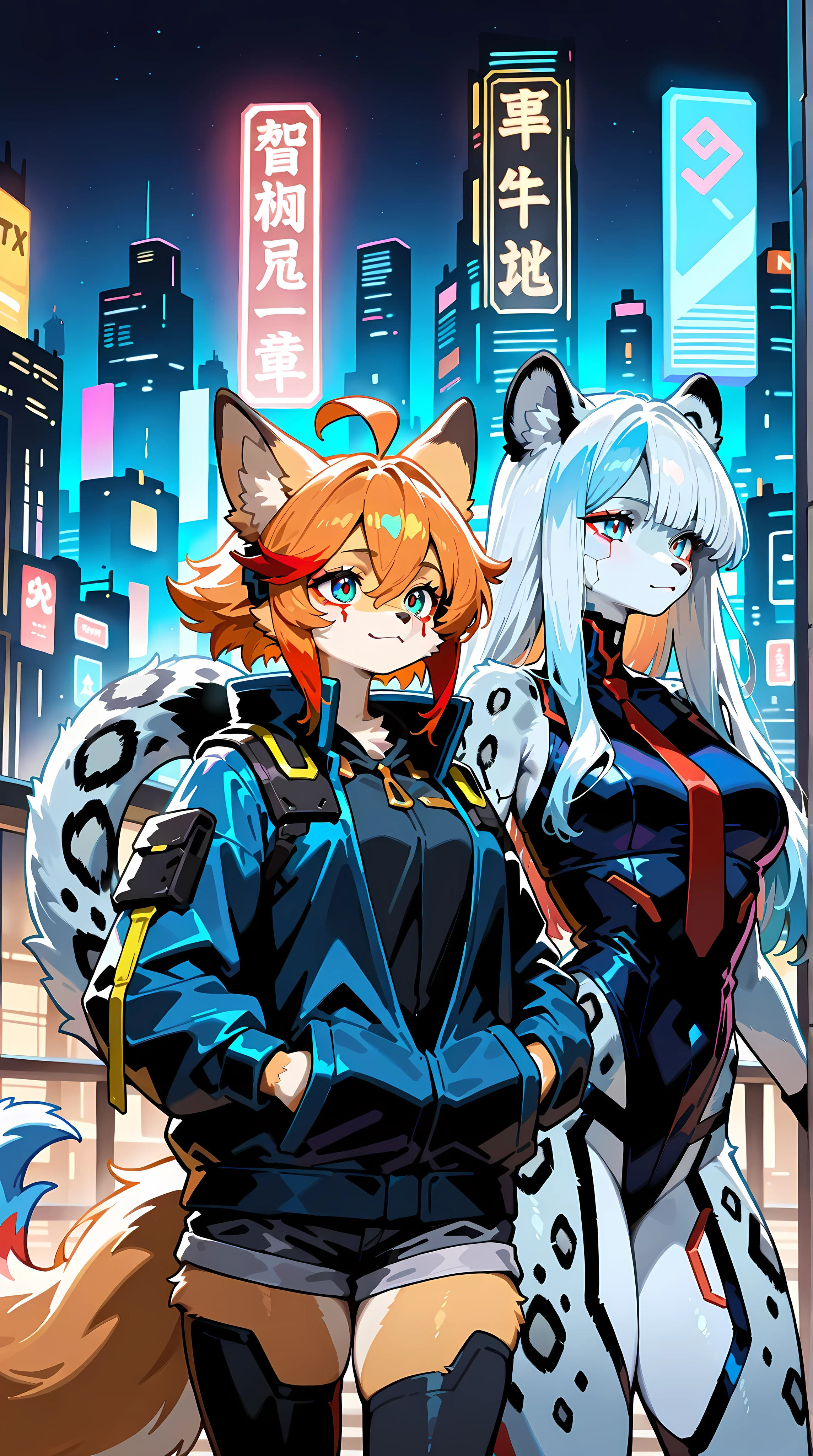 2 girls. First girl: 21 years old , mammal snow leopard , furry, flowing long white hair with blue highlights, normal proportions , aesthetic , Cyberpunk style full clothing, very finely detailed. Second Girl: 21 years old , mammal fox, furry, short orange hair with red highlights, normal proportions , aesthetic , Cyberpunk style full clothing,very finely detailed. background: city center in cyberpunk style. very finely detailed.