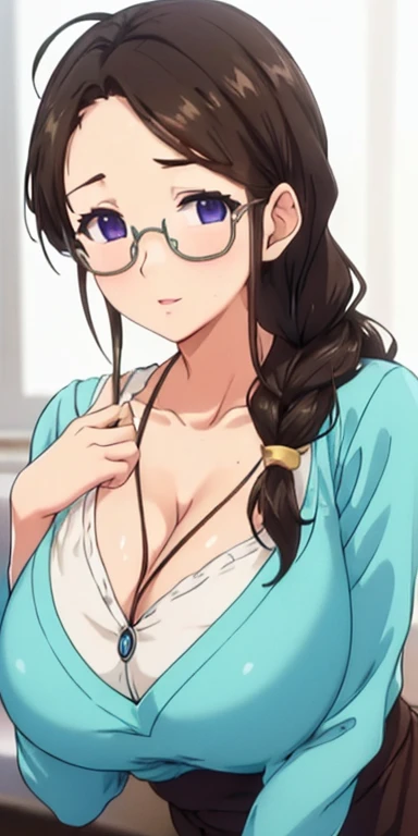 (Night:1.7), Modern apartment, high rise, CityView, Before Window,
Standing at attention,Hands Down,
Green shirt,long sleeves, cleavage, collarbone,
Glasses,brown hair,purple eyes,braid,single braid,yellow hair ornament,
1 girl, 20yo,Young female,Beautiful Finger,Beautiful long legs,Beautiful body,
Beautiful Nose,Beautiful character design, perfect eyes, perfect face,expressive eyes,
looking at viewer, in the center of the image,(Upper_body),(Focus on her face),
official art,extremely detailed CG unity 8k wallpaper, perfect lighting,Colorful, Bright_Front_face_Lighting,shiny skin,
(masterpiece:1.0),(best_quality:1.0), ultra high res,4K,ultra-detailed,
photography, 8K, HDR, highres, absurdres:1.2, Kodak portra 400, film grain, blurry background, bokeh:1.2, lens flare, (vibrant_color:1.2)
(Beautiful,large_Breasts:1.4), (beautiful_face:1.5),(narrow_waist),(nipples),(show tits), grabbing  ,((nipples))