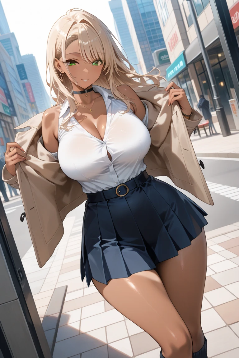(masterpiece), best quality, highly detailed faces, (SHARP details), 4k, highly detailed, expressive eyes, SHARP detail expressive eyes, (SHARP detail perfect face), ((dark skin)), (bunny ears), (viera), ((blonde hair)), amber eyes, ponytail, wild tomboy hair, smiling, standing, (wearing gunslinger outfit), 20 years old, cleavage, ((solo)), nice hips, curvy, tall woman, ((sweat)), outdoors, (wearing white button shirt), (white cowboy hat), white short skirt, thighhigh boots, (cowboy), belt, gunholster in belt, (wearing white tight vest), piercings, midriff, (female cowboy), earrings on bunny ears, (full body shot), 