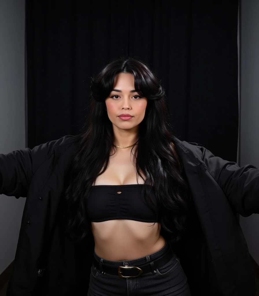 <lora:Marina:1>, beautiful 19-year-old, (tight blue jeans), (tight black T-shirt with high neckline), black leather choker, standing, at the Met Gala, black hair, portrait, fancy earrings, blurry background, makeup, (red lips), smile, sticking tongue out, bright but diffuse artificial lighting, sharp detail on face,