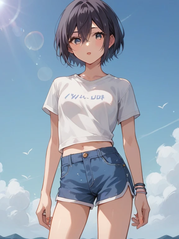 masterpiece,Highest quality,One girl,alone,Shorts,short hair,null,cloud,denim Shorts,Black Hair,Day,denim,Iris,smile,cut off,Put your arms behind your back,blue Shorts,short Shorts,Exposing shoulders,blue null,Pitch Resuit,Perfect Suit,Perfect costume,Yoga Suit,