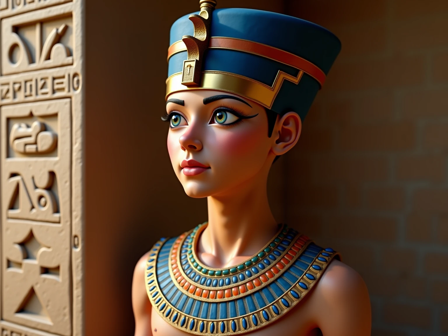 GIRL CHILD blonde with long hair, PORTRAIT of a bust of a mENINA CHILD wearing a hat, wearing an egyptian crown, Nefertiti, ancient egyptian, egipcian, Egyptian makeup, accurate to Egyptian tradition, Egyptian art, maquiagem do Egito, beautiful and huge head ornaments, ancient egyptian art, ancient egyptian art, Egito antigo, Beautiful Cleopatra, Egyptian Princess, princesa libu antiga