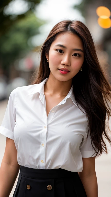 ulzzang -6500-v1.1, (Raw photo:1.2), (Photorealsitic), huge filesize, hight resolution, ighly detailed, top-quality, (masterpiece:1.6),(Hyper-realistic: 1.4), ighly detailed, nffsw, finely detail, top-quality, 8k wallpaper,People with Japan、 (1 girl in),17 age、cowboy shot、((Muscular woman like a bodybuilder:1.6))、((Thick arms with sculpted muscles:1.3))、((thick legs with sculpted muscles,,,,,,,,,,,:1.4))、wide breasts, ((Disproportionately huge breasts:1.4))、((a baby face、with round face、Lori face:1.2))、Narrow eyes, Young Face, Narrow eyes,((closes mouth、shyly smile))、poneyTail、(short-sleeved white collared shirt with open chest,,,、Plaid navy blue pleated skirt:1.3)、Stand your arms and hands next to your body、Big city streets、 (Realistic: 1.3), (Smooth lighting: 1.05), (Improved cinematic lighting: 0.9), Realistic lighting, Backlight, Face Light, raytrace, (Whitening light: 1.2), (Image enhancement: 1.4), ( Top quality real skins: 1.4), (Body Line Mood Increase:1.1), (Skin Texture Enhancement Beauty:1.1),