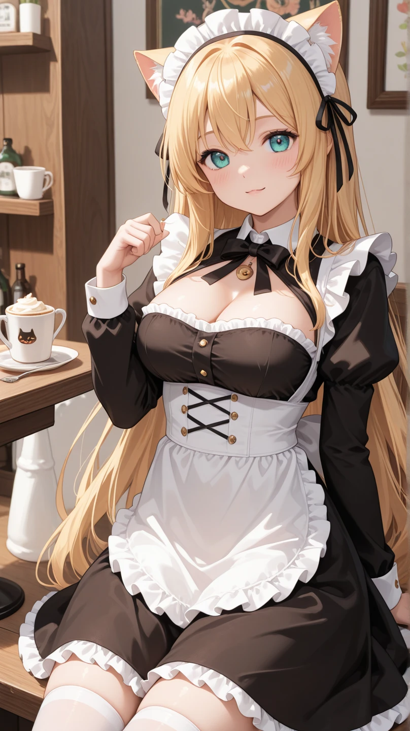 1 girl, maid outfit, cafe, look closer,long blonde hair, green colour eyes, smiling, cute reaction, beautiful, pale skin, perfect body figure, B size cup breast 1:3, cute , wolf ears