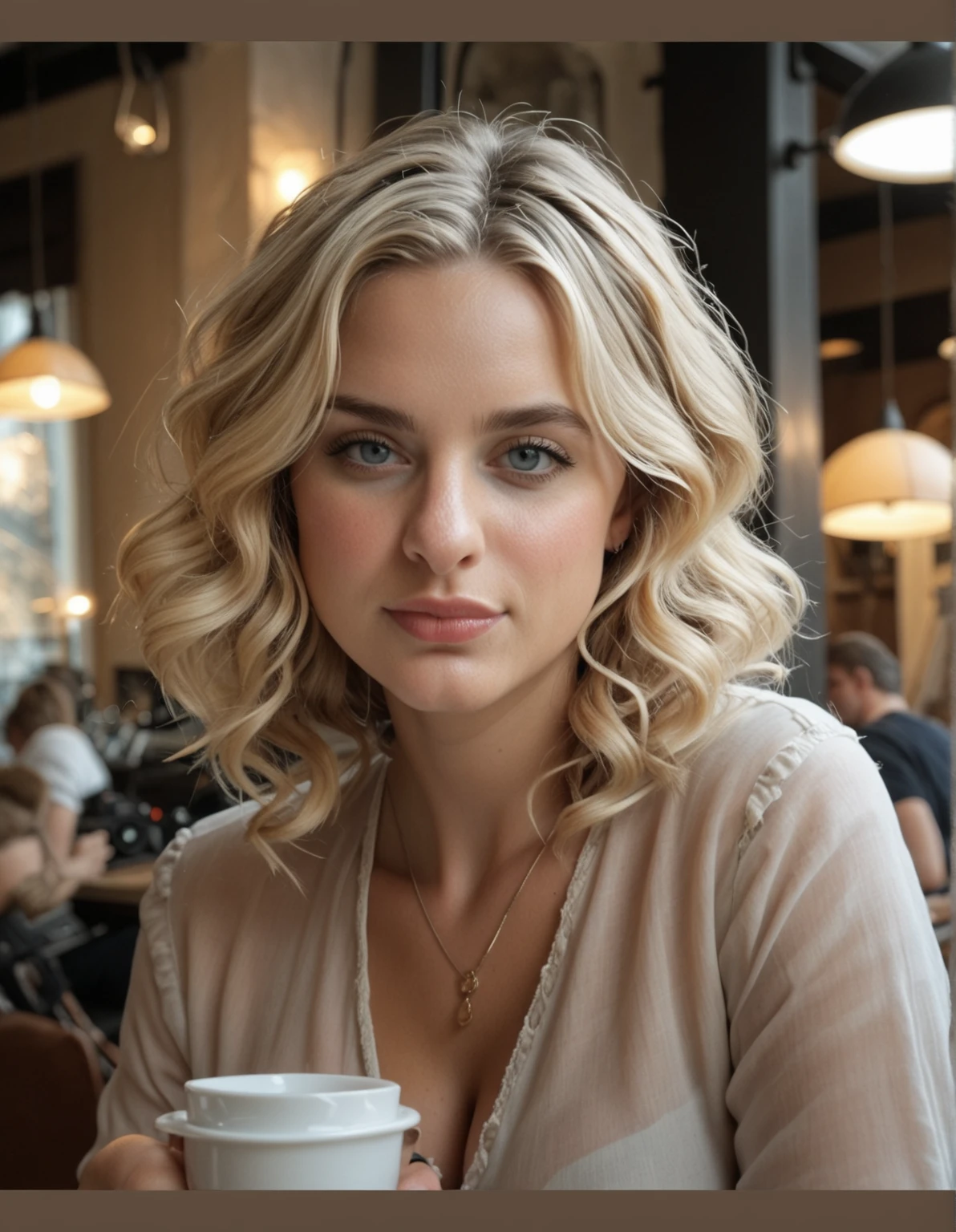 an american woman blonde hair a bit curly young age at restaurant with view on city beautiful realistic photo white skin ultra high resolution, photorealistic, 1.4 UHD 27 years old
