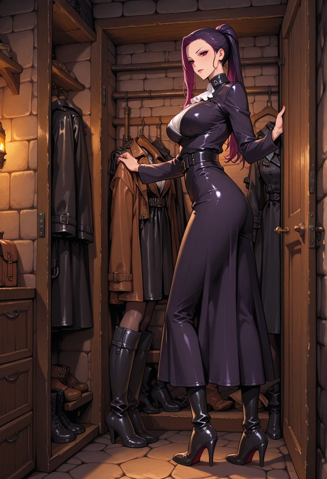 (masterpiece, high quality: 1.2) 1girl full body standing good face, nice ass, hairstyle: braid, Hair: PINK long hair, Blindfolded: NO EYES (Cross Belt Blindfold), white sin (porcelain skin, sparkly skin), muscular, thighs, mature mommy woman MILF, abs, navel, looks at the viewer smiling, extremely huge breasts, maternal, chest cover with clothes (Hell knight Ingrid (anime style) Demon Knight Ingrid (OVA))