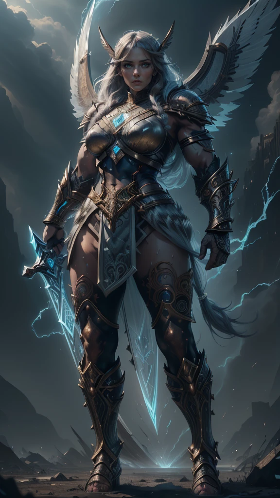 Angry and beautiful and very heavily muscled female frost giant with braided silver hair with tattoos and pale grey blue skin, she is wearing full body steel plate mail armour, she has a nose ring chained to her left ear , full body pose of her fighting