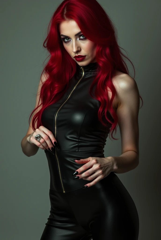 Red-haired snake woman,with a metallic gray tank top and a black jacket,with a metallic gray skirt and black sneakers,black background full body 